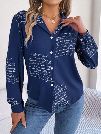 Letter Printed Button Up Long Sleeve Blouse