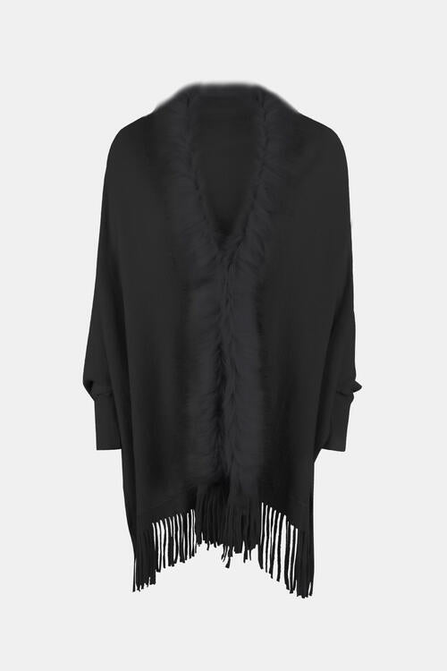 Fringe Open Front Long Sleeve Poncho