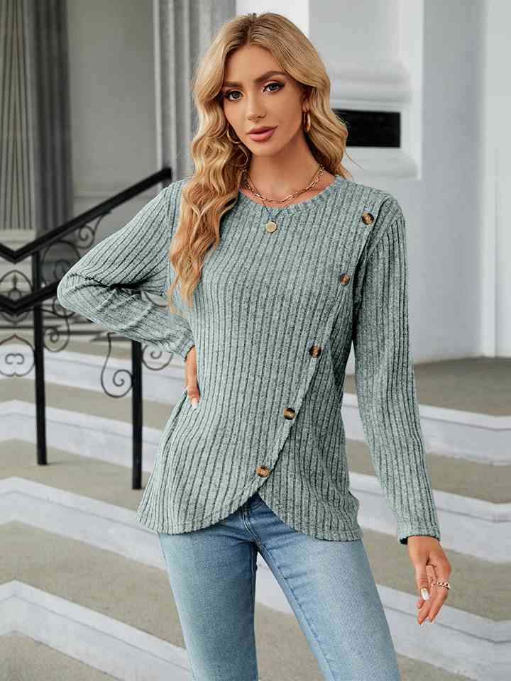 Round Neck Ribbed Button Detail Blouse