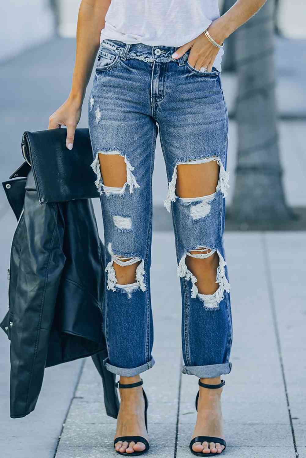 Distressed Frayed Trim Straight Leg Jeans