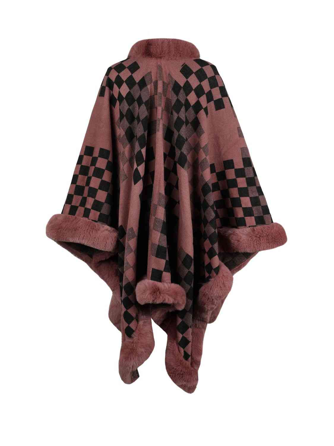 Checkered Faux Fur Trim Poncho