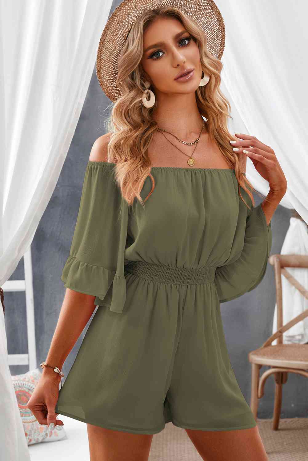 Viva Viva Off-Shoulder Flounce Romper