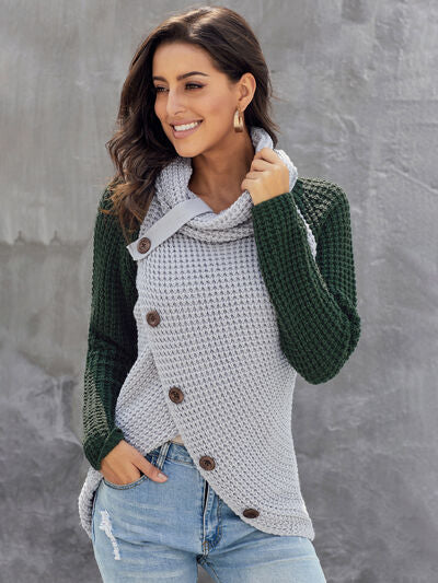 Contrast Decorative Button Turtleneck Sweater