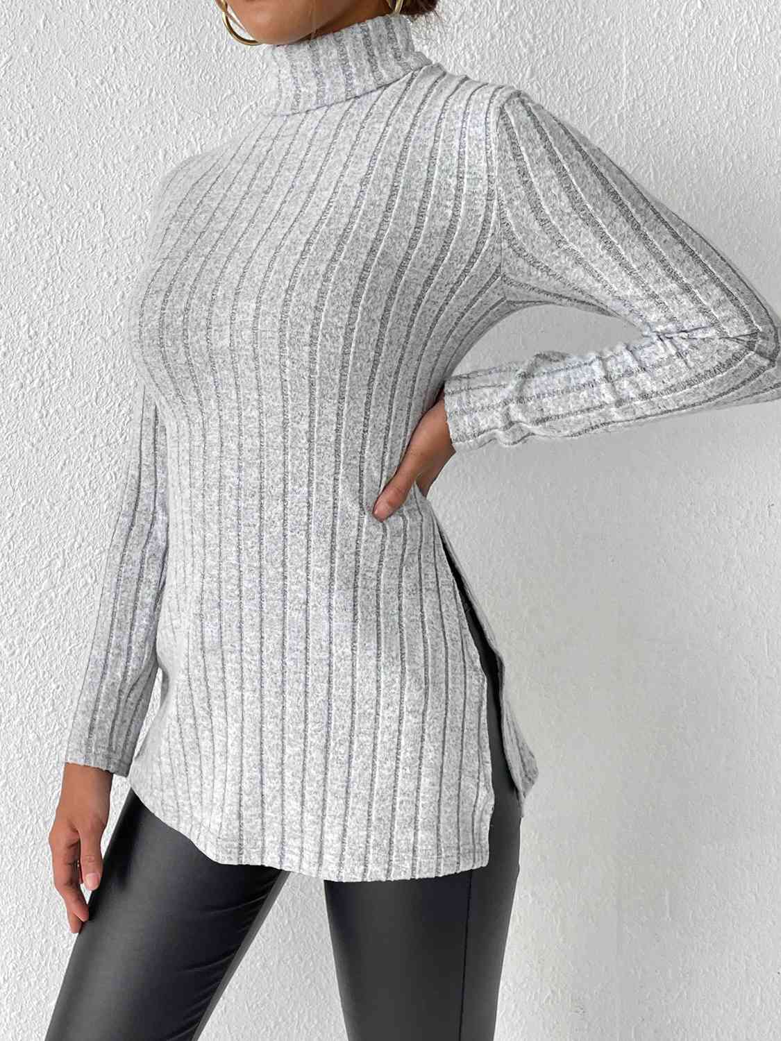 Ribbed Turtleneck Long Sleeve Slit T-Shirt